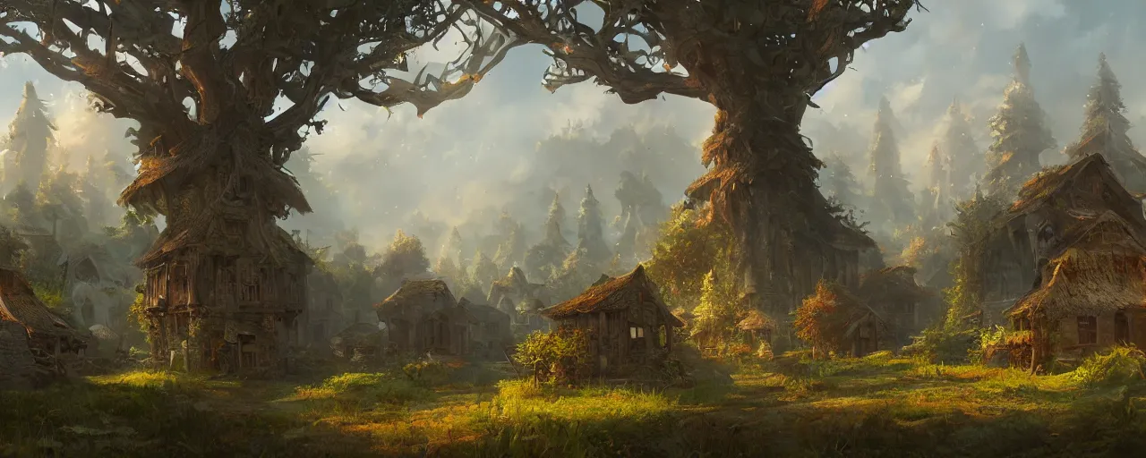 Image similar to a painting of a village located on top of trees in a wild forest, stunning intricate concept art by senior environment artist, cgsociety, fantasy art, matte painting, storybook illustration