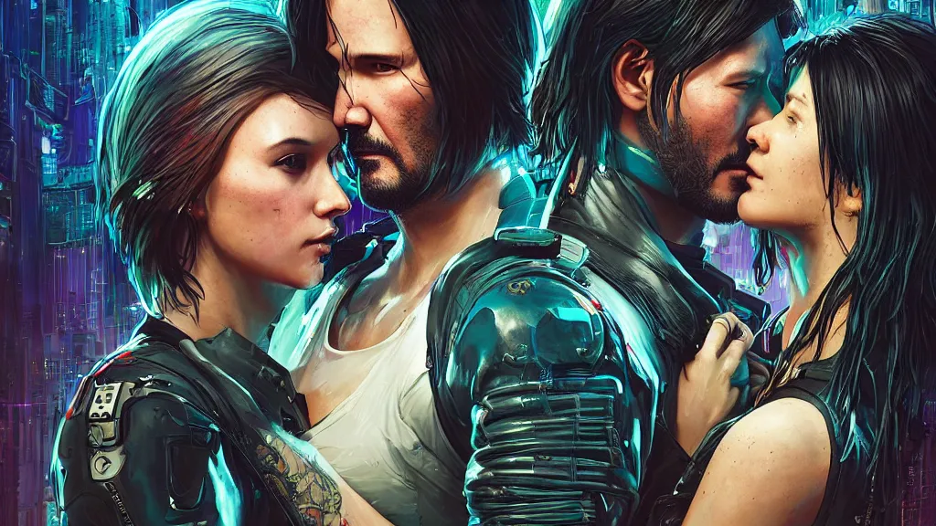 Image similar to a cyberpunk 2077 srcreenshot wedding couple portrait of a Keanu Reeves and a female android final kiss,love,film lighting,by Laurie Greasley,Lawrence Alma-Tadema,Andrei Riabovitchev,Dan Mumford,John Wick,Speed,Replicas,artstation,deviantart,FAN ART,full of color,Digital painting,face enhance,highly detailed,8K,octane,golden ratio,cinematic lighting