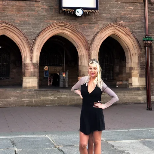 Image similar to A detailed photo of Kaley Cuoco under the Eastgate clock in Chester. Behind her we see a black panther