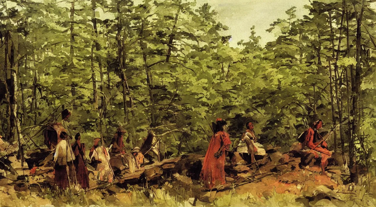 Image similar to Indian natives are waiting, hidden in the woods, watercolour by Winslow Homer, oil on canvas