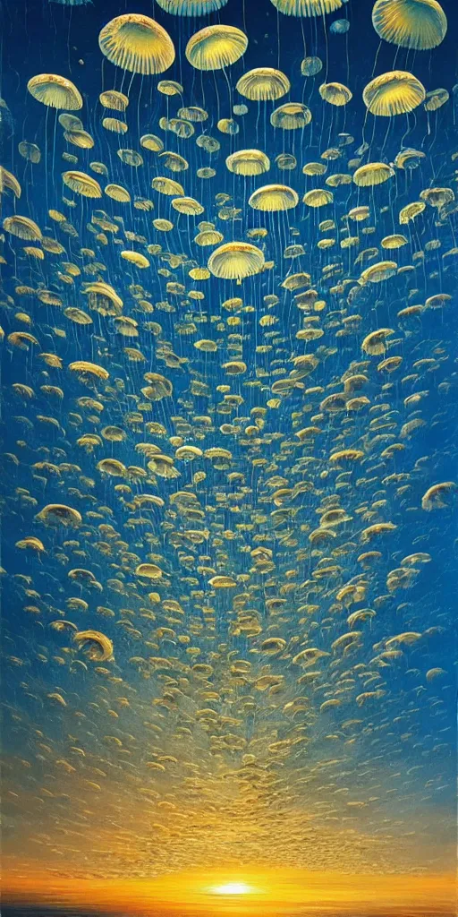 Image similar to a thousand little jellyfish flying through the sky!!! different realm, cinematic, dark fantasy, acrylic palette knife, high detail, hyper realism, ray tracing, 4 k resolution, 8 k resolution, full hd, neon, realistic painting by junji ito, laurie lipton and michael whelan, salvador dali