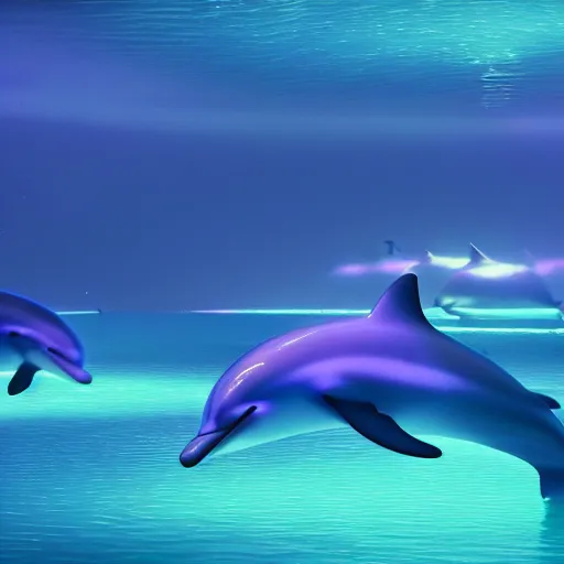 Prompt: dolphins swimming in bioluminescence, photorealistic, pixar, octane render, disney, soft