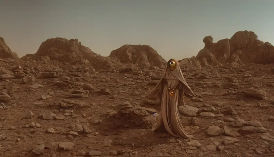 Prompt: levitating bene gesserit with full - face golden mask in a dry rocky desert landscape, alien ruins designed by giger, giant abandoned alien city by alejandro jodorowsky, anamorphic lens, kodakchrome, practical effects, masterpiece, 8 k