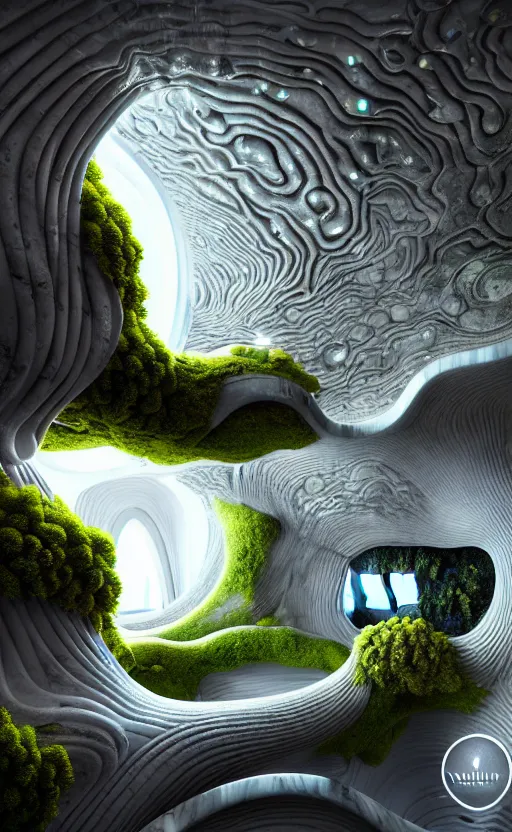 Prompt: highly detailed ultra sharp villa natural light interior soft cinematic composition of a smooth ceramic porcelain biomorphic magnolia stone nebula fluid fractal sci - fi surreal architecture landscape, granite, metallic, marble, moss, cellular lichen, microorganism, fungi, vincent callebaut composition, mamou - mani, archviz, 8 k, unreal engine