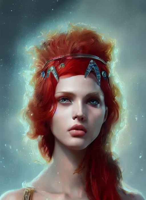 Image similar to sketch of cute beautiful red haired super model as futuristic aphrodite greek goddess wearing a holographic headdress, beautiful piercing gaze with sharp pupils, in the style of greg rutkowski, fantasy, amazing detail, epic, elegant, smooth, sharp focus, front view