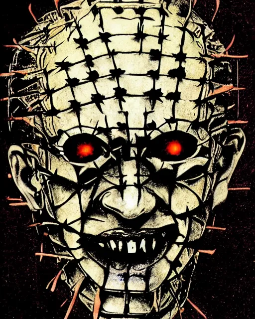 Prompt: Hellraiser 80s movie poster style with some features by HR Giger