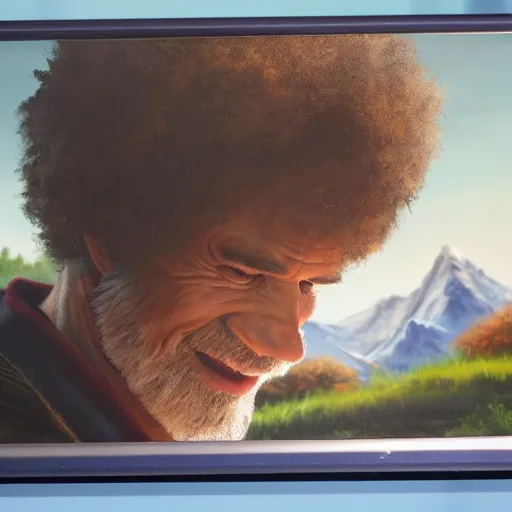 Prompt: a closeup photorealistic photograph of bob ross working on a canvas painting of hawkeye. film still. brightly lit scene. this 4 k hd image is trending on artstation, featured on behance, well - rendered, extra crisp, features intricate detail, epic composition and the style of unreal engine.