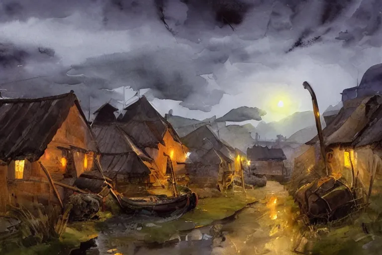 Prompt: paint brush strokes, abstract watercolor painting of rustic village at nightfall, straw roof, viking town, lantern, ambient lighting, art by hans dahl, by jesper ejsing, art by anders zorn, wonderful masterpiece by greg rutkowski, cinematic light, american romanticism by greg manchess, creation by tyler edlin