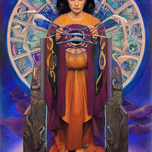 Image similar to queen of the dawn with her lantern and regalia, by donato giancola and nicholas roerich, and ( ( ( ( ( diego rivera ) ) ) ) ), symbolist, tattoos, dramatic lighting, elaborate geometric ornament, art brut, god rays, soft cool colors, smooth, sharp focus, extremely detailed