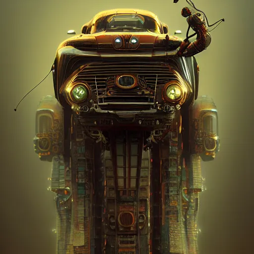 Image similar to cyborg vintage flying supercar slick warm tones : by michal karcz, daniel merriam, victo ngai and guillermo del toro : ornate, dynamic, particulate, intricate, elegant, highly detailed, centered, artstation, smooth, sharp focus, octane render