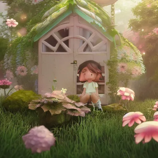 Image similar to a tiny cute fairy in a flower house, realistic beautiful face, large eyes, cute, adorable, volumetric light, octane render, studio ghibli, trending on artstation