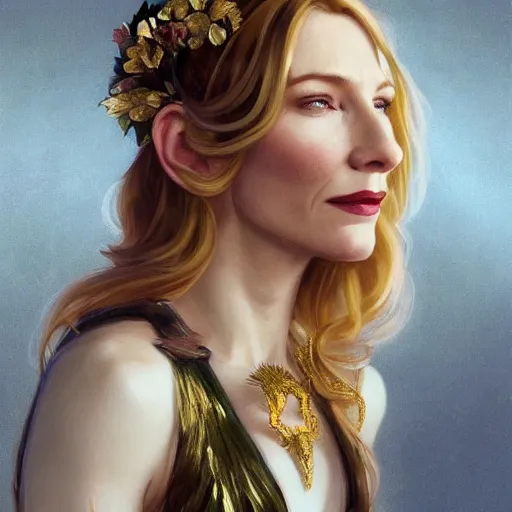 Image similar to Portrait of cate blanchett wearing a floral crown, olive skin, long dark hair, beautiful bone structure, shiny gold background, intricate, elegant, highly detailed, digital painting, artstation, concept art, smooth, sharp focus, illustration, art by artgerm and greg rutkowski and alphonse mucha