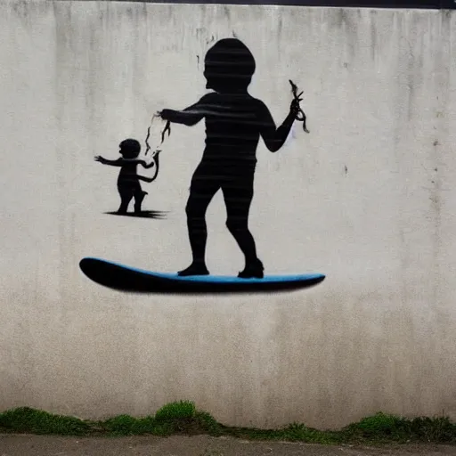 Image similar to a surfing baby painted by banksy