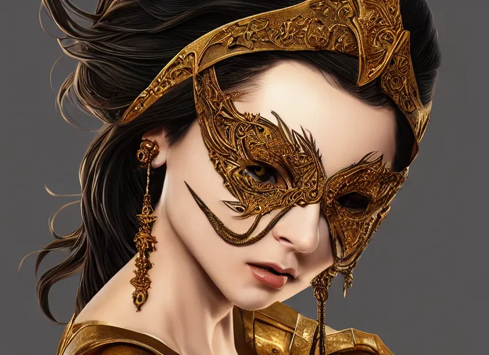 Image similar to masked, perfectly-centered-Portrait of the most beautiful woman on the planet , intricate, highly detailed, artstation, concept art, concept render, octane, redshift, smooth, sharp focus, illustration,award-winning, Unreal Engine 5, 8K, art by artgerm and greg rutkowski and alphonse mucha