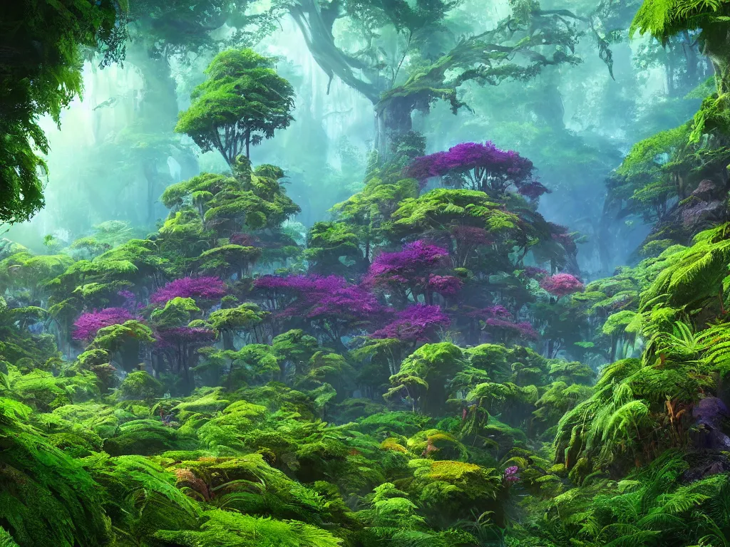 Image similar to a beautiful otherworldly fantasy landscape of dense lush ferns and evergreen trees in hyper detail like the pacific northwest, vivid glowing colors, extreme detail, studio ghibli and pixar and abzu, rendering, cryengine, deep colors, purple and blue and green colors, vray render, cgsociety