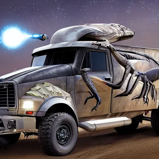 Image similar to velociraptor truck in star wars, futuristic dramatic lighting, intricate photorealism detail, cinematic composition, many exotic alien features, weta pixar