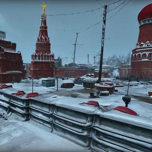 Image similar to Moscow Red Square post-nuclear war in the snow in Fallout 4, in game screenshot