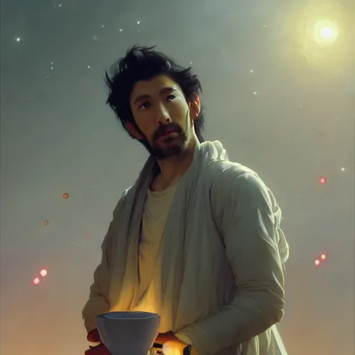 Image similar to A man drinking a cup of cosmic energy bright light, illustration by Ruan Jia and Mandy Jurgens and William-Adolphe Bouguereau, Artgerm, 4k, digital art, surreal, anime style, space dandy style, highly detailed, godsend, artstation, digital painting, concept art, smooth, sharp focus, illustration by Ruan Jia and Mandy Jurgens and William-Adolphe Bouguereau, Artgerm