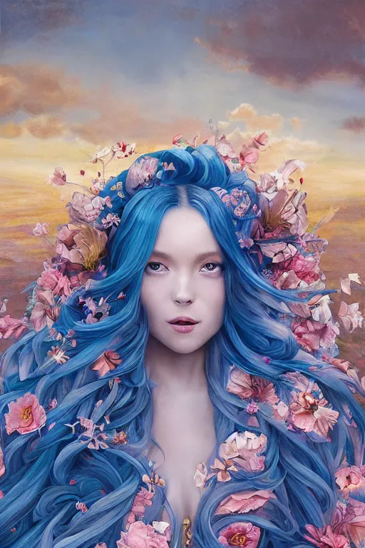 Image similar to breathtaking detailed painting by pilyeon and teffish on artstation, a full shot queen with long flowing bright blue hair, gauze dress and pastel flowers petals and golden tumultuous clouds, symmetrical facial features, at dawn in front of a pristine golden art nouveau cathedral, elegant, highly detailed, artstation, concept art, matte, sharp focus,