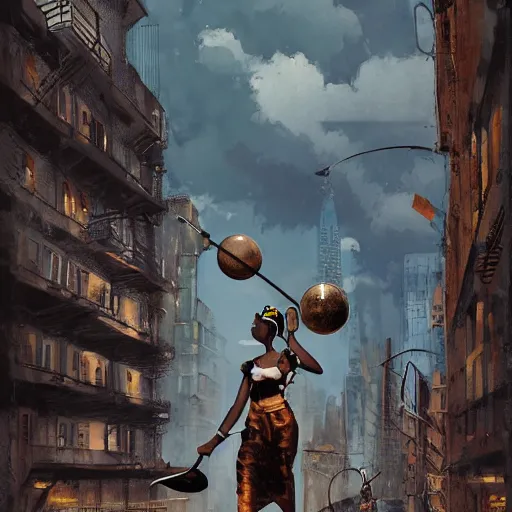 Prompt: character design portrait by sparth on the streets of steampunk new york a black teenage african female swinging a small metal ball with a thin long ships sailing boat, dark clouds