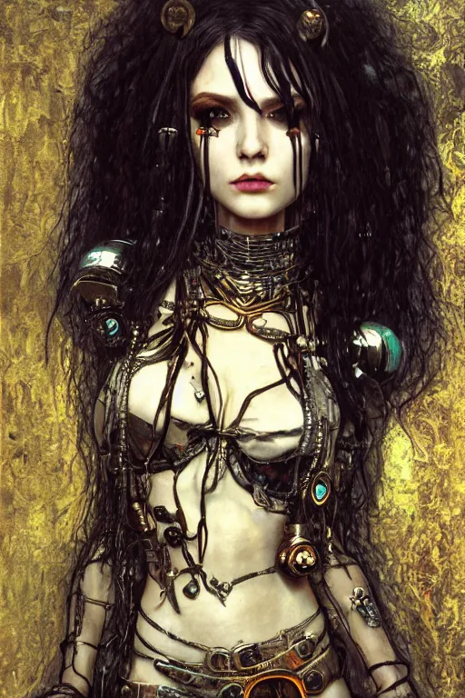 Prompt: beautiful young gothic maiden, cyberpunk, Warhammer, highly detailed, artstation, illustration, art by Gustav Klimt