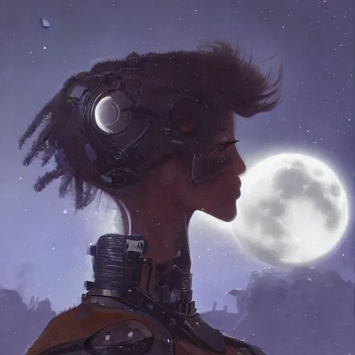 Prompt: A female cyborg kissing a tabaxi, silhouetted by a gigantic Moon, fantasy art by Greg Rutkowski