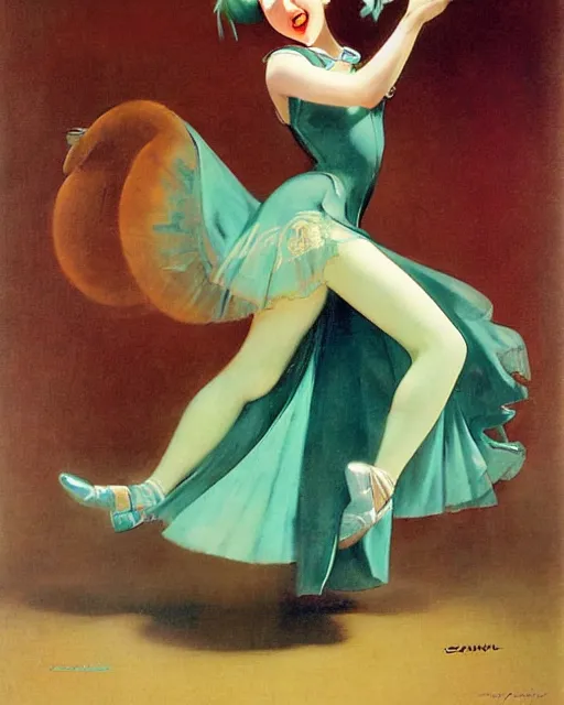 Image similar to hatsune Miku dancing by Enoch Bolles and Gil Elvgren