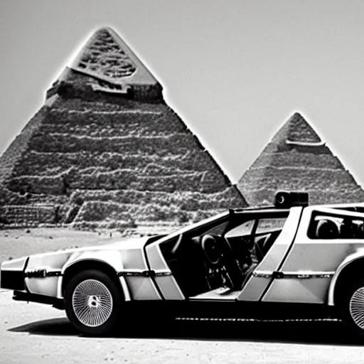 Image similar to delorean car from back to the future in an old black and white photograph of the piramids in ancient egypt, with doc and marty