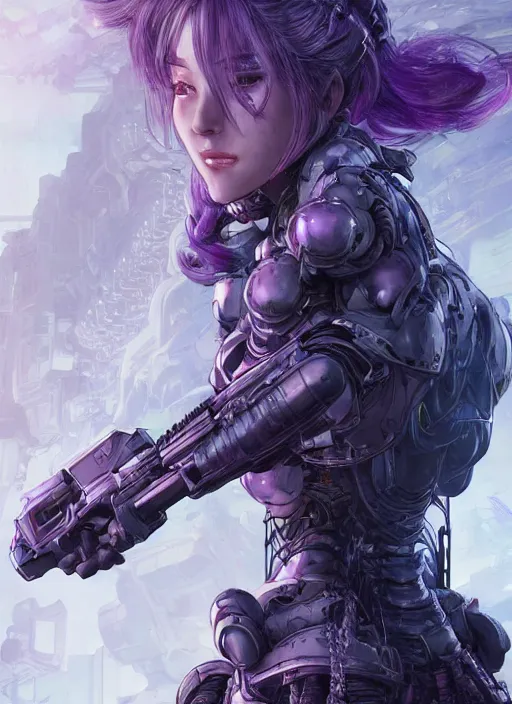 Prompt: close up portrait of a pale woman in sci - fi power armor with purple ponytail hair, powerful, domineering, stoic, intense, ultrafine hyperdetailed illustration by kim jung gi, irakli nadar, intricate linework, sharp focus, octopath traveler, yoji shinkawa, highly rendered, radiant light, detailed, intricate environment