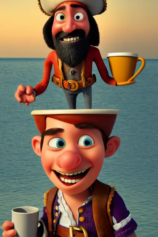 Image similar to portrait of the pirate blackbeard holding a cup of coffee, full body with a pirate ship on background. pixar disney 4 k 3 d render funny animation movie oscar winning trending on artstation and behance. ratatouille style.