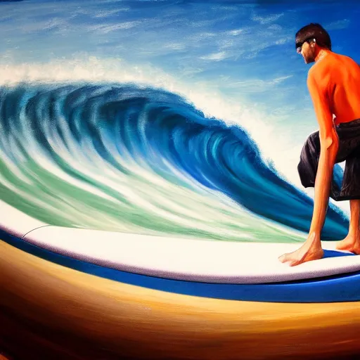 Prompt: a man riding a wave on top of a surfboard, a photorealistic painting by jerry weiss, shutterstock contest winner, naturalism, chillwave, fisheye lens, behance hd