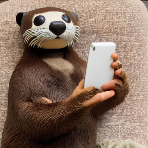 Image similar to a cute anthropomorphic otter using an android phone at home