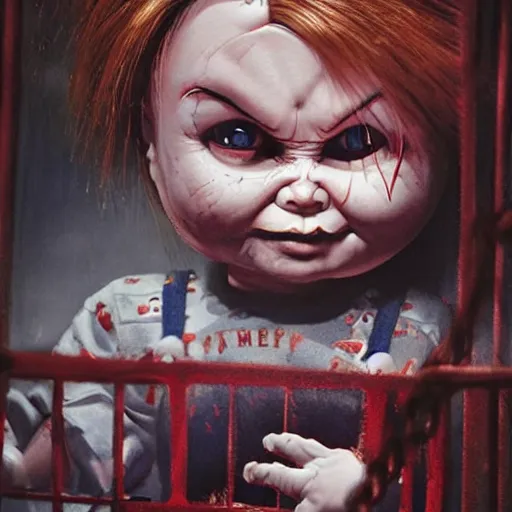 Image similar to the doll chucky in the middle of a cage fighting with doll annabelle, epic mma fight, dramatic poses, dolls are in motion, disneyland as backdrop, oil painting, by greg rutkowski