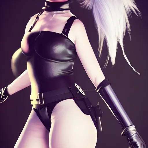 Image similar to portrait of 2B nier automata as harley quinn wearing skintight clothes from behind, trending on artstation, artstationHD, artstationHQ