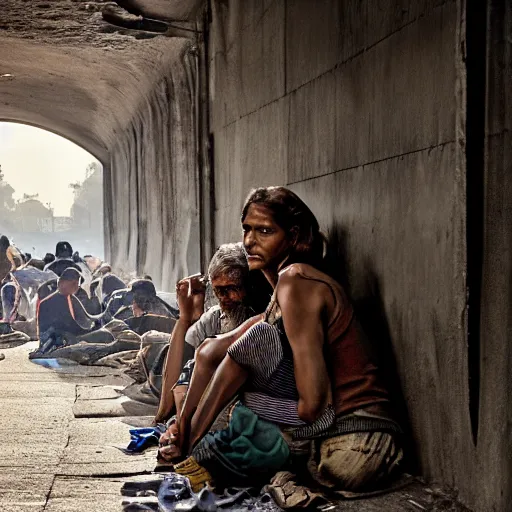 Image similar to poor people life under railway bridge, award winning, realistic, 4 k, hyper details, portrait by steve mccury and annie leibovitz and chindy sherman