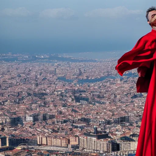 Image similar to santigo abascal flying over barcelona wearing a red cape