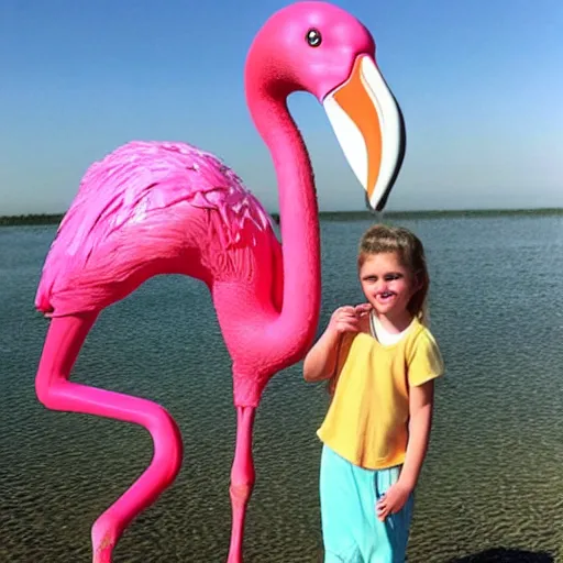 Image similar to photo of a giant flamingo next to a small human, with text that says “ worldest biggest flamingo ”