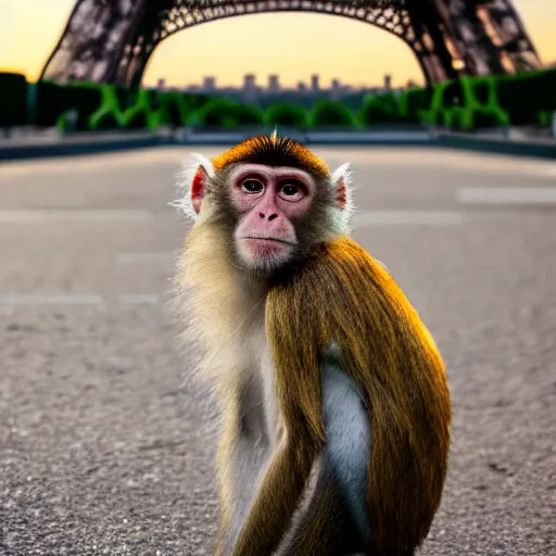 Image similar to high quality portrait of a monkey in front of eiffel tower, studio photograph, photograph, realistic photo, 8k photo, 4k photo, stock photo, high resolution, cinematic shot, high detail