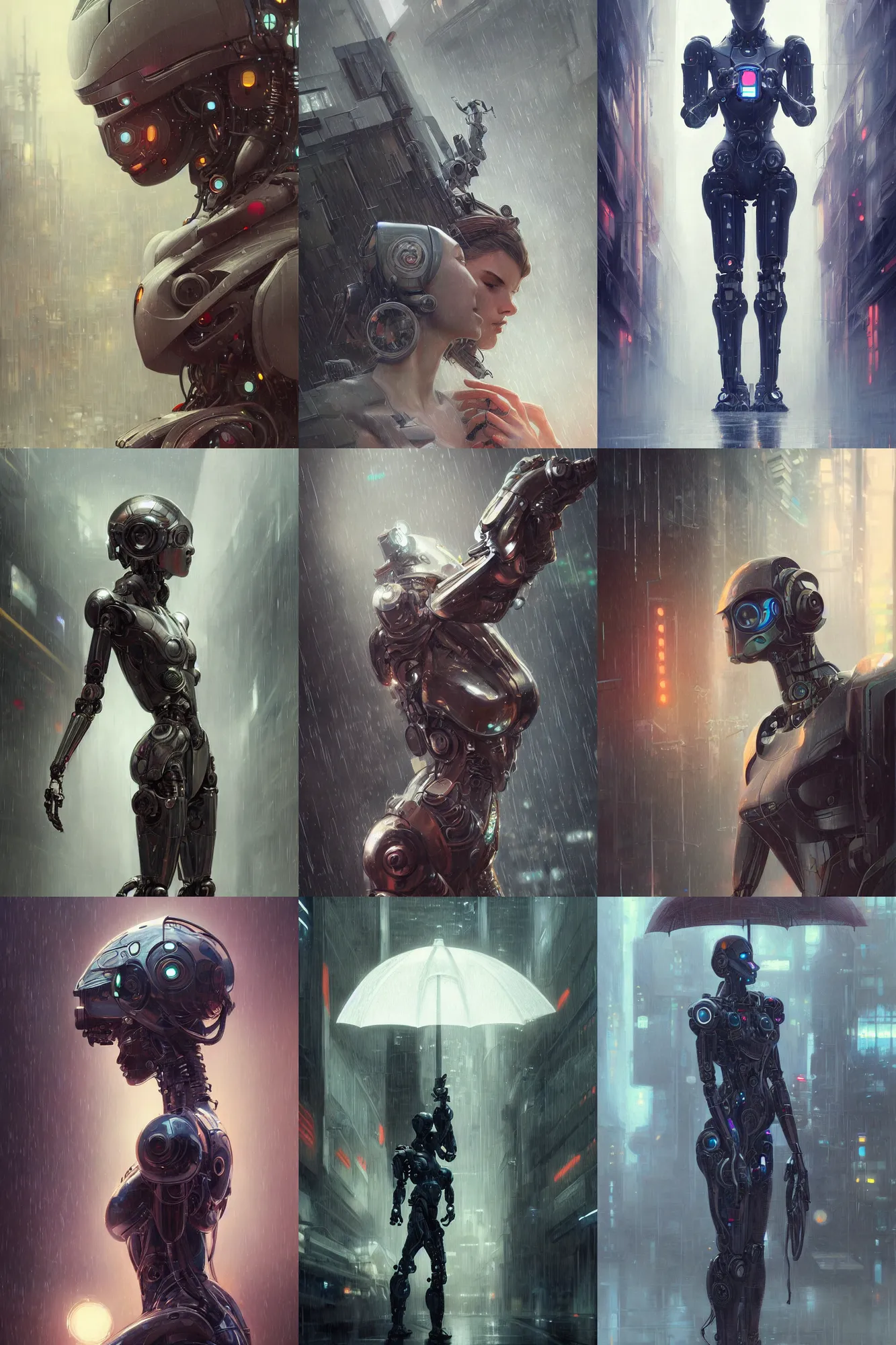 Prompt: Ultra realistic, robot in the rain, cyberpunk, sci-fi, fantasy, intricate, elegant, highly detailed, digital painting, artstation, concept art, smooth, sharp focus, illustration, art by artgerm and greg rutkowski and alphonse mucha