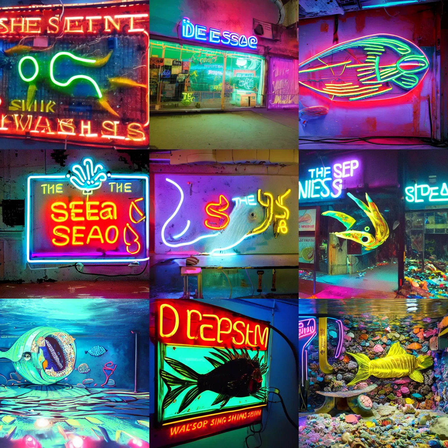 Prompt: the deep sea where the neon signboard that says awakening is shining / a deep - sea fish made of garbage is swimming / 8 k