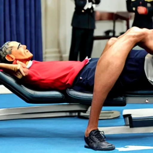 Prompt: barack obama doing bench presses lying down