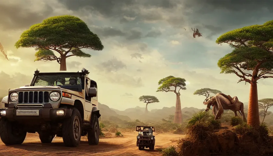 Image similar to mahindra thar driving through madagascar road with baobabs trees, animals running along, tribe members attacking, action scene, an epic fantasy, wide shot, trending on artstation, masterpiece, by greg rutkowski, by ross tran, by fenghua zhong, octane, soft render, ultrarealistic, colorful, cinematic, horizon forbidden west