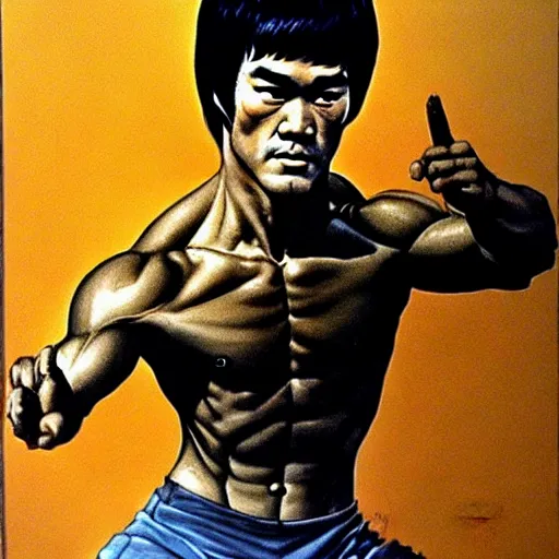 Image similar to portrait of bruce lee by frank frazetta, very detailed, 4 k