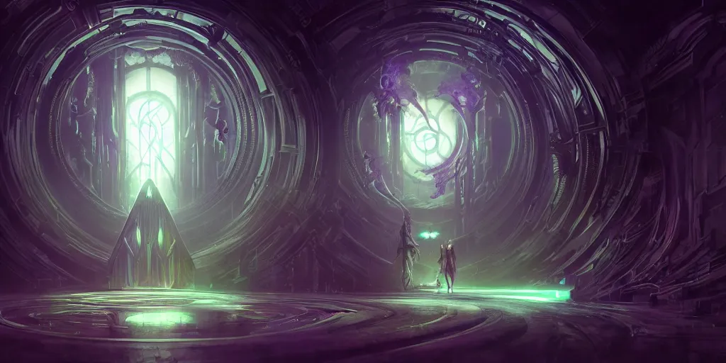 Image similar to portal to the ethereal realm, centered composition, intricate concept art, ethereal, ominous, mysterious, enchanted, magic, dramatic lighting, illuminated lines, outrun, vaporware, illuminated runes, cyberpunk darksynth, dark background, 8 k, octane render, by james paick and stephan martiniere and alphonse mucha