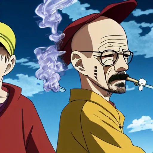 Image similar to walter white smoking a joint with jesse pinkman, in One Piece Anime Series, 4k Resolution.