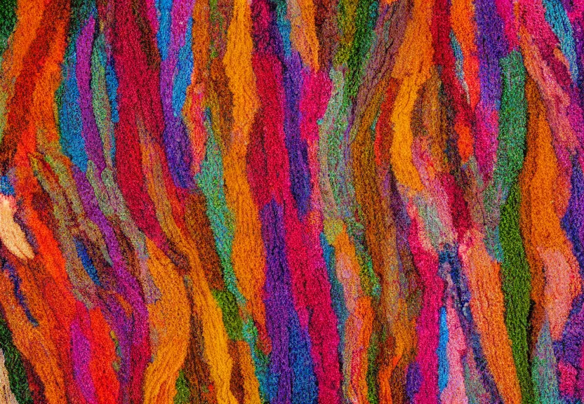 Prompt: Fibers of a colorful carpet from perspective of a fleece, National Geographic photography, hard morning sunlight