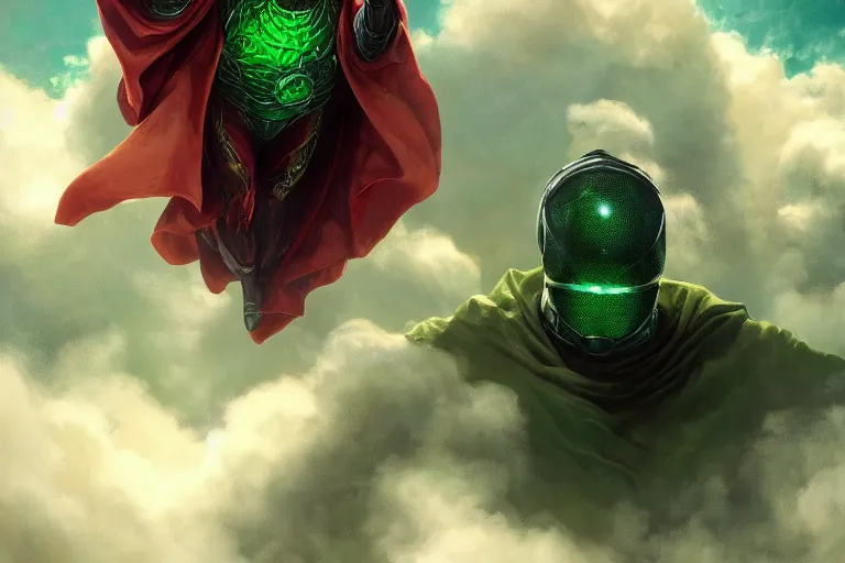 Prompt: Mysterio appearing gigantic emerging from a cloud of green smoke, trending on Artstation, highly detailed, HD wallpaper, 4k, photorealistic, digital art, art by artgerm and Greg Rutkowski and Alphonse Mucha