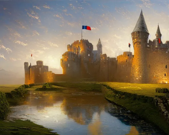 a painting of a Castle with towers and walls flags