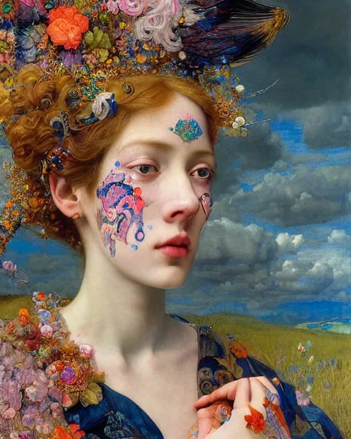 Image similar to a beautiful girl in the clouds wearing colourful face paint surrounded by colourful intricate patterns, by edgar maxence and caravaggio and michael whelan, intricate painting, hyper realistic, extremely detailed and beautiful aesthetic face, 8 k resolution