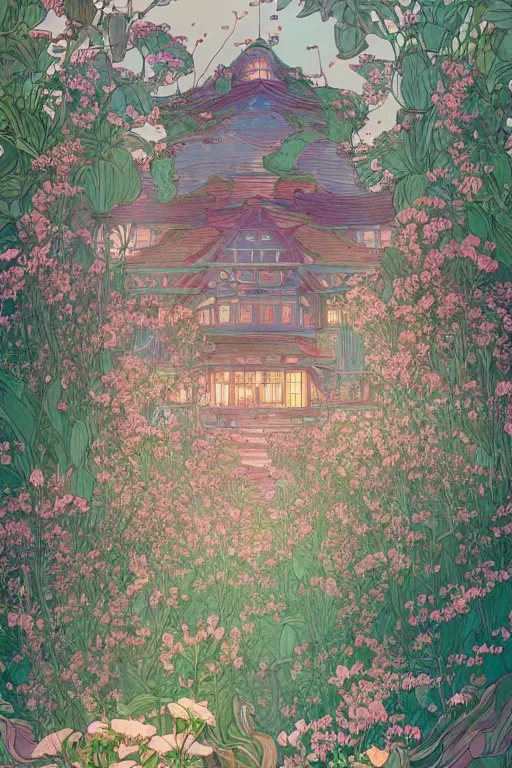 Image similar to a beautiful hyperdetailed 2 d illustration victo ngai style of absolutely beautiful blooming flower house alone, perfectly shaded, atmospheric lighting, style of studio ghibli, makoto shinkai, raphael lacoste, louis comfort tiffany, artgerm, james jean, ross tran, chinese style